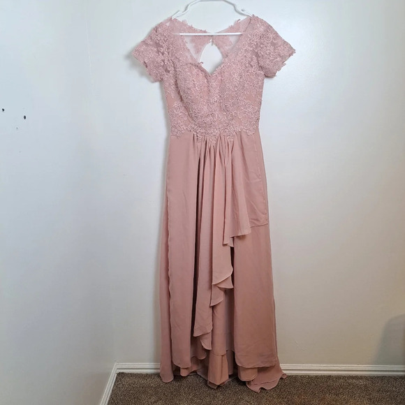 Pink Mesh Embroidered Ruffle Layered Chiffon Short Sleeve Prom Formal Dress Sz 6 - Picture 1 of 7